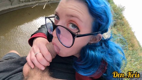 Horny blue-haired beauty with a cute ass and fashionable glasses enjoys outdoor river sex and gives an amazing blowjob