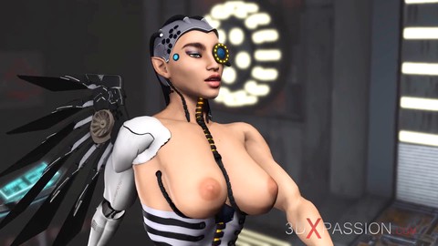 Spettacolare giovane donna ebano esperimenta con una cyber-angelo dickgirl nello sci-fi lab animato