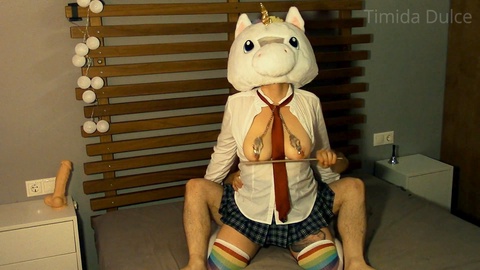 Naughty schoolgirl with unicorn fetish rides dick while teasing her sensitive nipples with forceps
