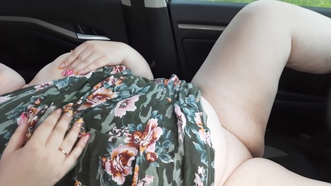 Hairy chubby slut pleasures herself in public near a busy highway