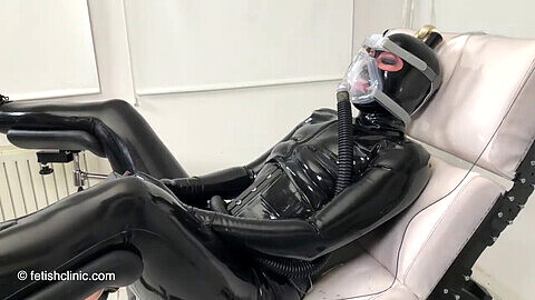 Mask, latex hood, rebreather bag